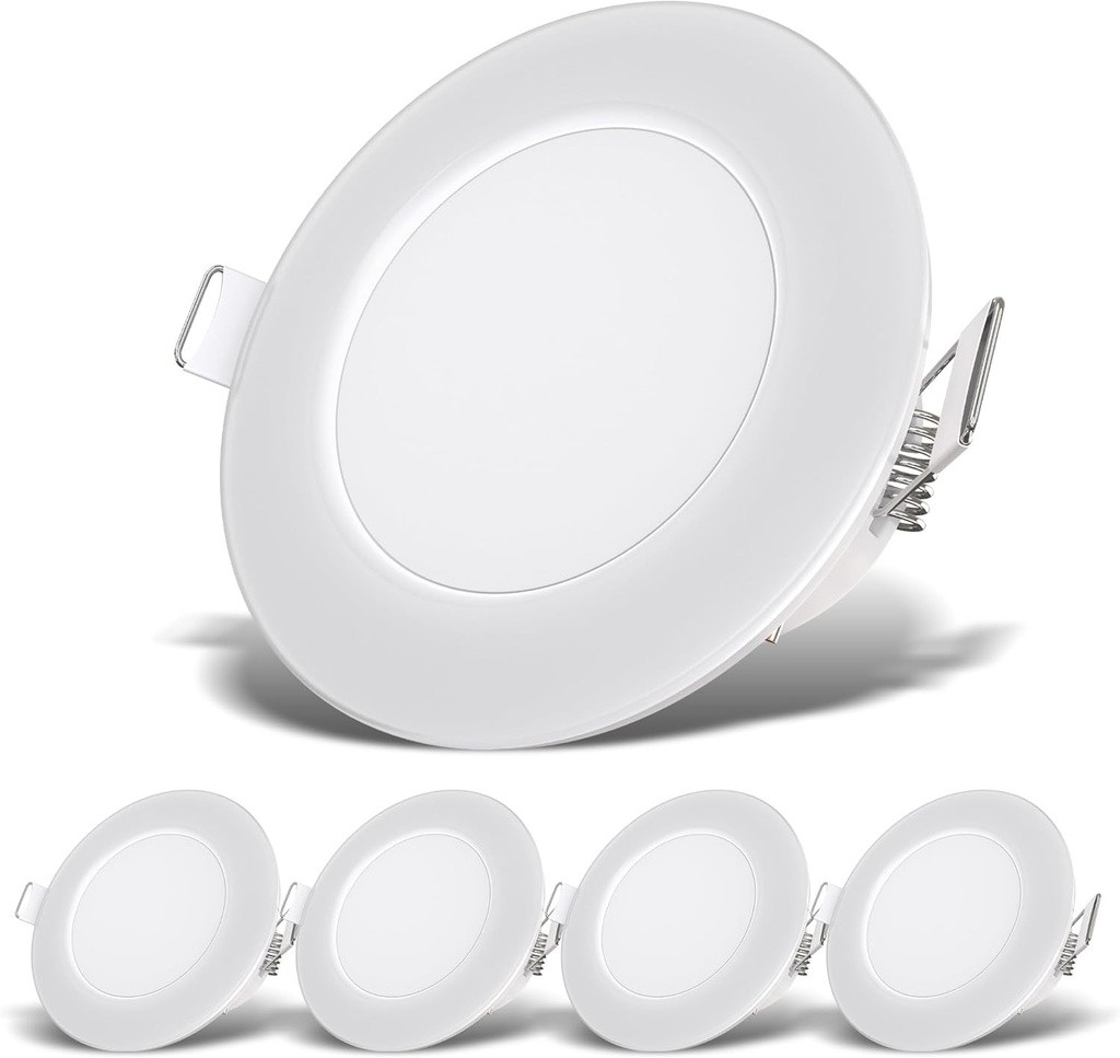 B.K.Licht - Set de 5 spoturi LED incastrate pentru baie, 230V, plate, IP65, lumina alba neutra, decupaj 68 mm, Spot LED, Spoturi de tavan, Spoturi, Corpuri de iluminat incastrate, Spoturi incastrate, Baie, 86x30 mm, Alb