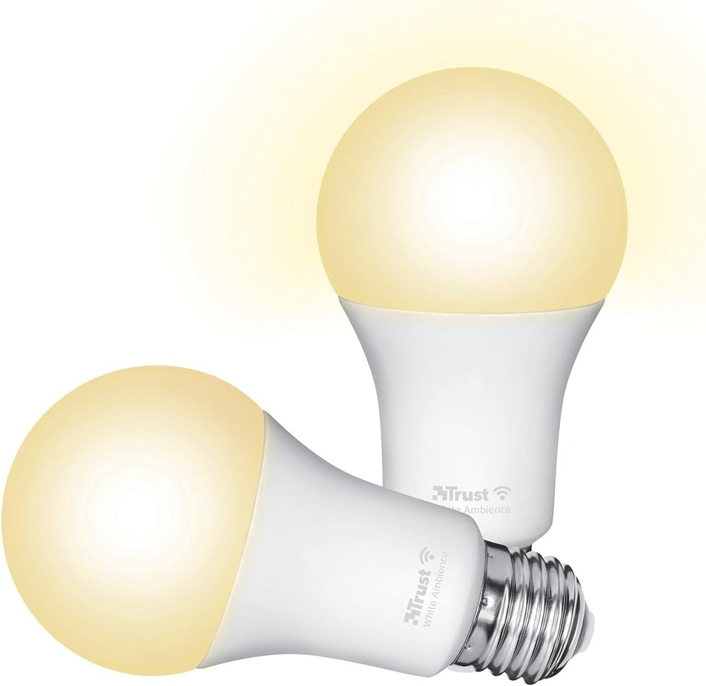 Bec inteligent Trust WIFI E27 compatibil cu Alexa si Google Home, bec E27 reglabil fara hub, lampa LED WiFi 2,4 GHz, lumina alba calda spre rece – pachet de 2