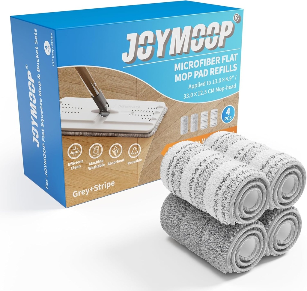 Laveti de curatat cu mop plat JOYMOOP, din microfibra, laveti lavabili, inlocuire pentru setul de mop plat sau galeata pentru mop JOYMOOP, pachete de rezerva, 33 cm, pachet de 4 rezerve - gri si dungi