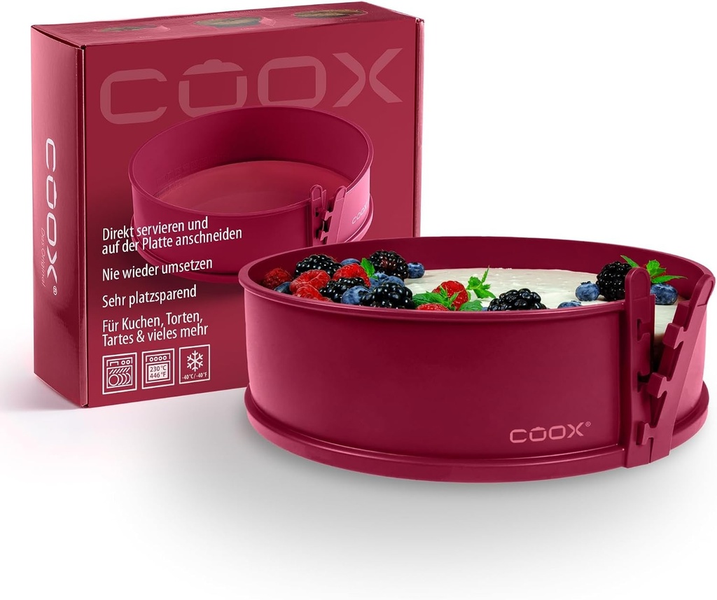 Tava cu arc Coox cu baza de sticla ⌀ 26 cm, rosu inchis, se coace si se serveste, se taie direct pe farfuria de sticla, nu este nevoie sa se transfere.