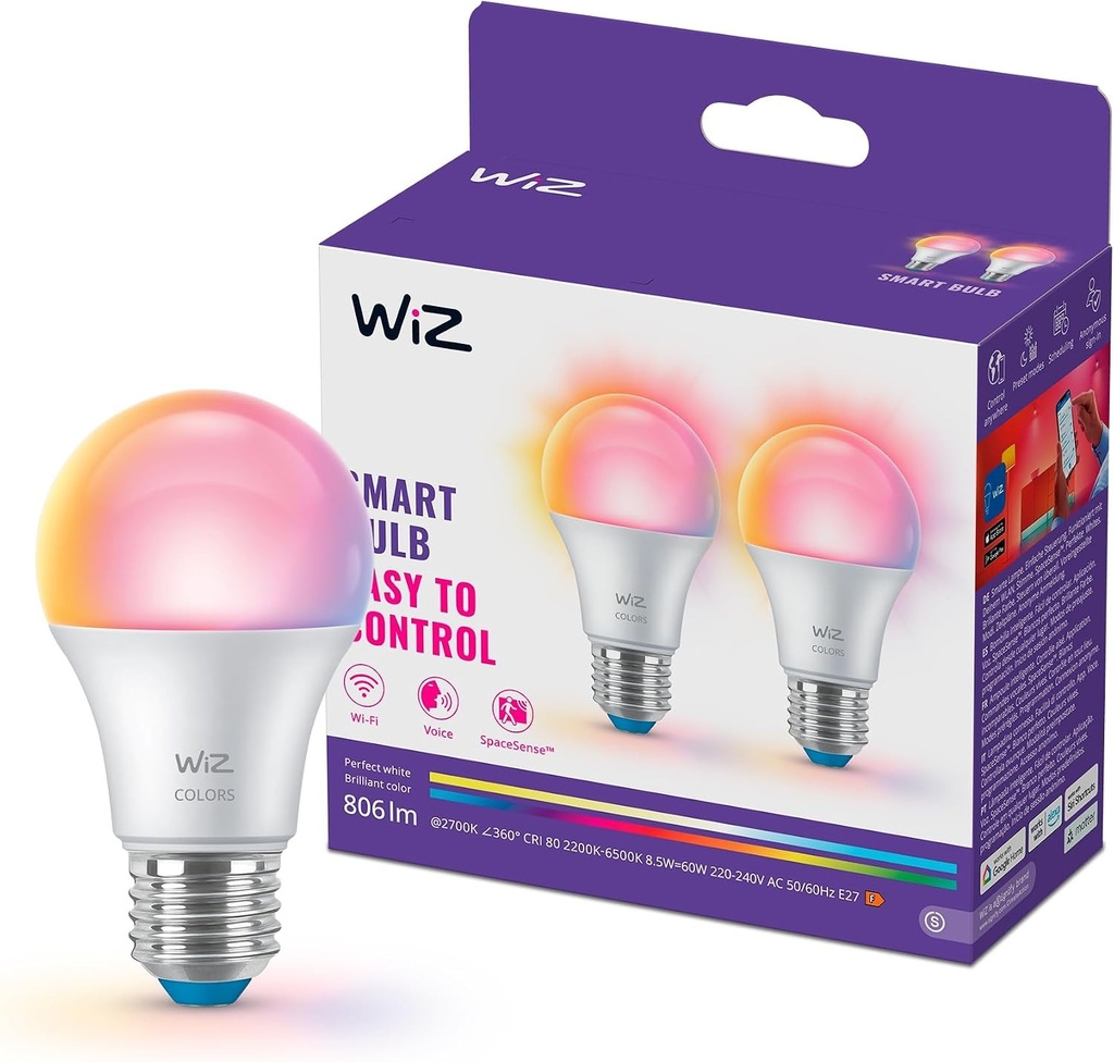 Bec inteligent LED WiZ A60, full color si alb reglabil, soclu E27, echivalent 60W, 2200–6500K, 806 lumeni, reglabil, compatibil cu Alexa, Google Assistant si Apple Home, pachet de 2
