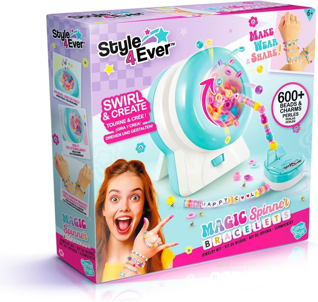 Bratari rotative Canal Toys Style 4 Ever Boho – Kit de artizanat pentru copii de la 6 ani in sus, cu peste 600 de margele si pandantive – Set de bijuterii creative DIY cu masina de invartit – Proiecteaza-ti propriile bratari ale prieteniei