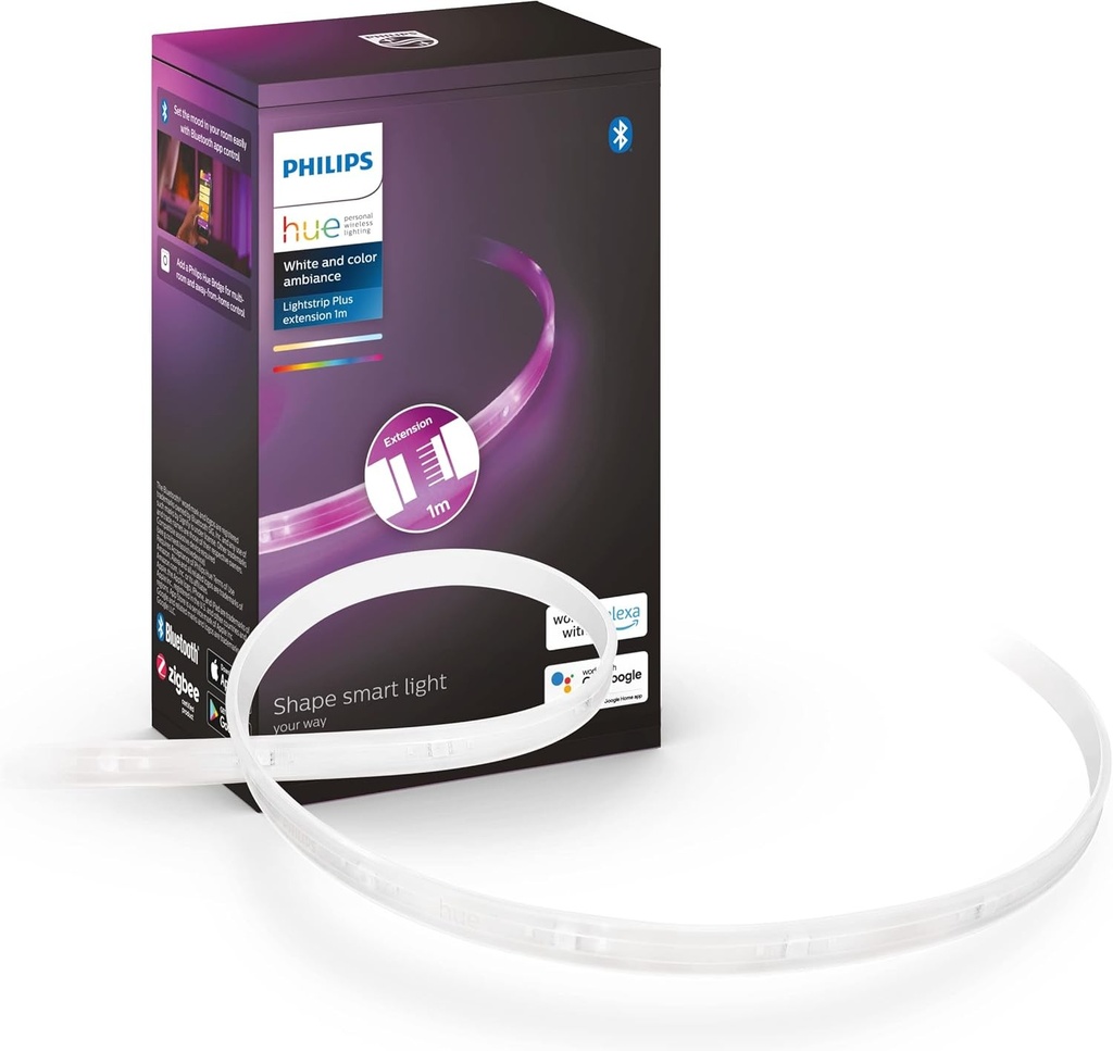 Extensie Philips Hue White & Color Ambiance Lightstrip Plus (1 m), banda LED reglabila pentru sistemul de iluminare Hue cu 16 milioane de culori, control inteligent al luminii prin voce sau aplicatie