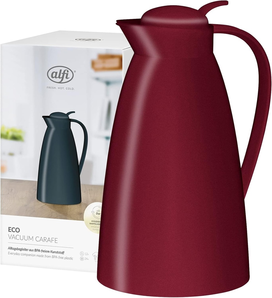 alfi ECO 1.0l, rosu rubin, carafa izolata cu insertie igienica din sticla securizata din plastic, capac cu inchidere prin rasucire si buton convenabil, turnare cu o singura mana, ideala ca ibric de cafea, ceainic, fara BPA