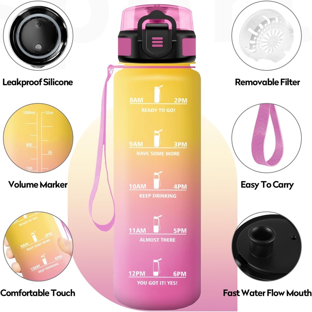 Sticla de apa de 1 litru, sticla motivationala cu filtru, etansa, sticla de apa sport cu marcaj de timp, sticla de sala pentru fitness, calatorii, scoala, camping, birou