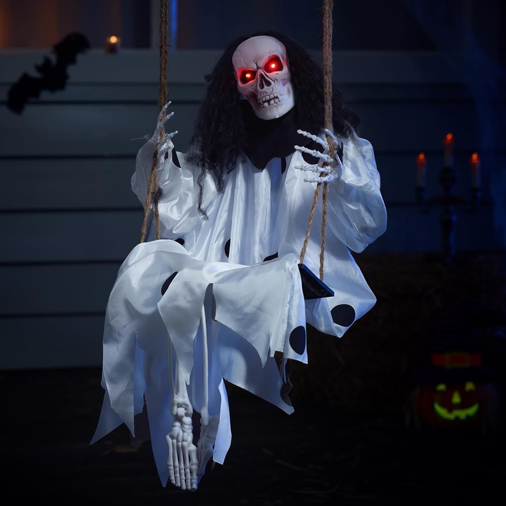 JOYIN 91 cm Fantoma de Halloween suspendata, alimentata cu baterii, decoratiune fantoma schelet leagan iluminata pentru utilizare in exterior ca recuzita de casa bantuita de Halloween, articole de petrecere pentru curte, terasa