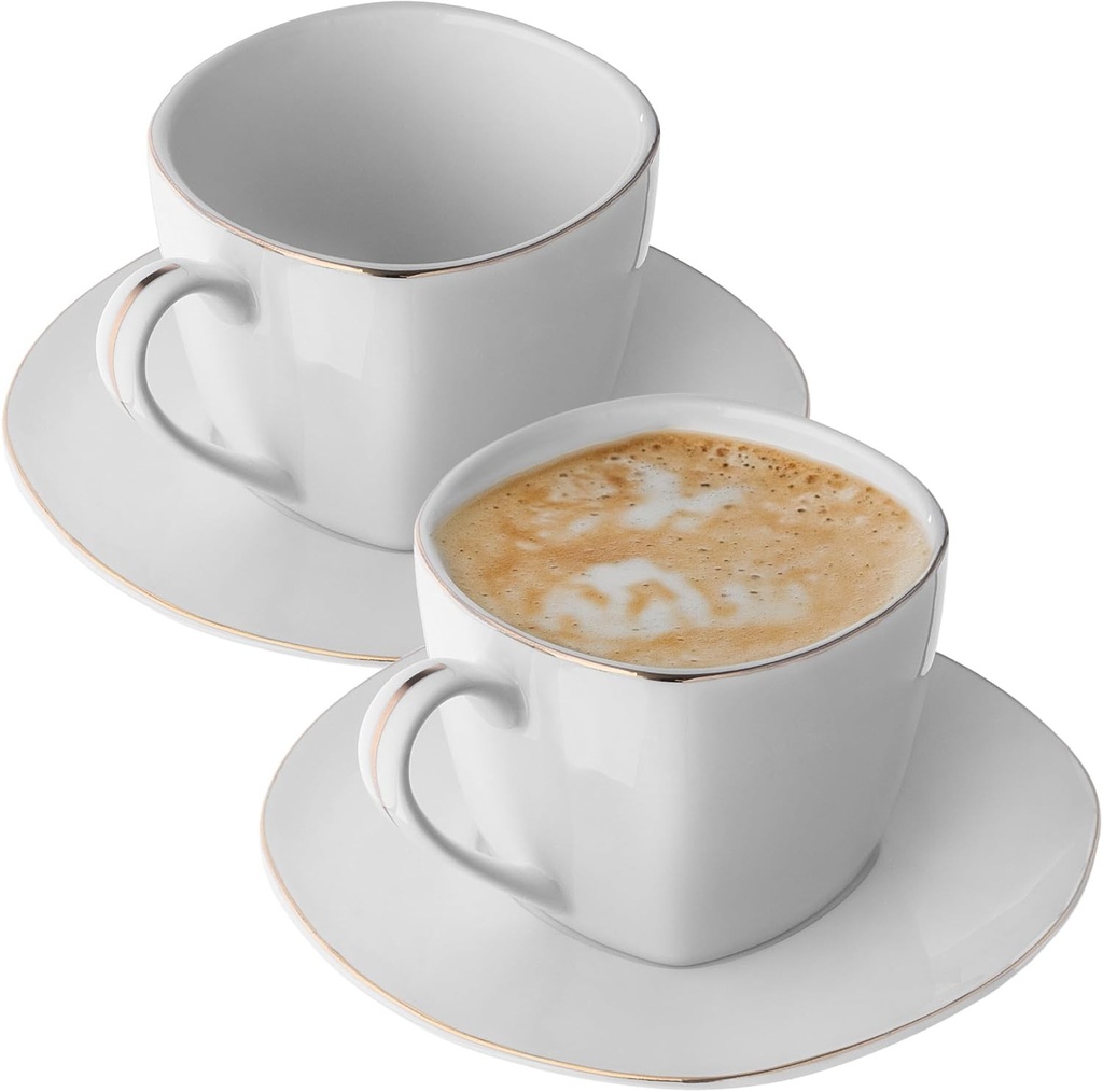KADAX Cesti si farfurioare din portelan, set elegant de 2, 250 ml, cesti si farfurioare din portelan stivuibile pentru ceai, cafea si cappuccino (patrate, albe si aurii)