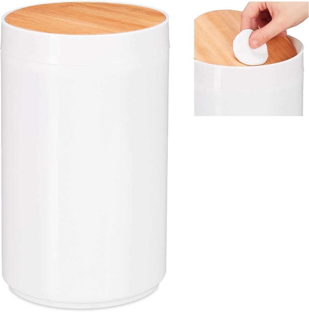 Cos de gunoi pentru cosmetice Relaxdays, capac basculant din bambus, cos de gunoi modern pentru baie, plastic, 5,5 L, I, L x A: 26,5 x 18 x 18 cm, alb
