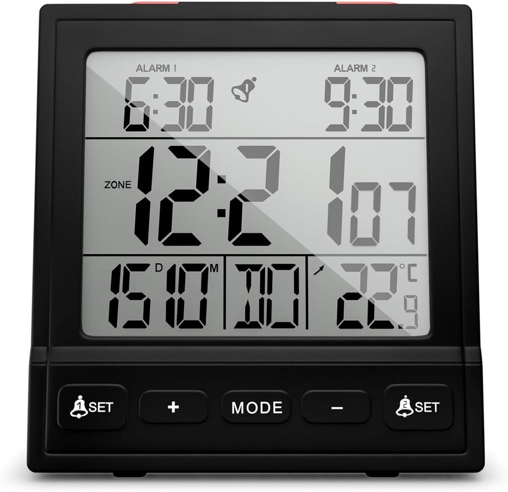 Ceas desteptator radio digital Mebus cu termometru, afisaj data, doua ore de alarma, functie snooze, reglare automata a orei de vara/iarna, ceas radiocomandat, ceas desteptator digital/Culoare: Negru/Model: 25581