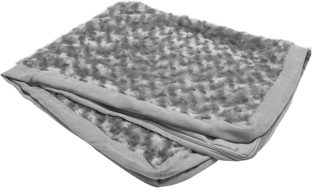 Husa de pat pentru caini Furhaven, ultra plush, blana artificiala si piele intoarsa, lavabila la masina, gri, marimea M