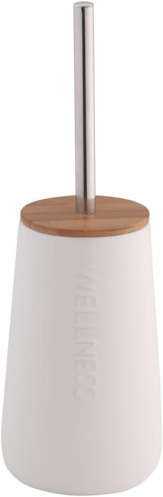 Set de toaleta axentia Bonja, suport independent pentru perie de toaleta Dolomite cu otel inoxidabil si perie de bambus, aprox. 11,5 cm, inaltime aprox. 35 cm, alb/lemn