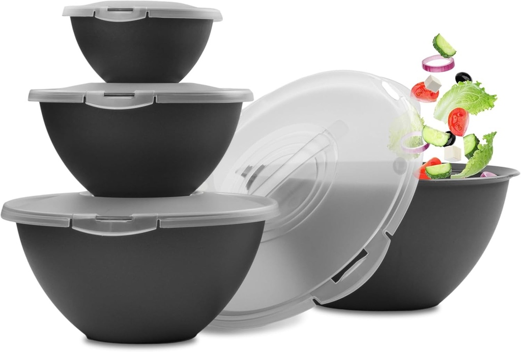 Set de boluri mari pentru salata Hausfelder cu capace, set de 4 piese, 0,7L/1,9L/3,6L/6L, set de boluri din plastic stivuibile, fara BPA, negru antracit, pentru camping si bucatarie