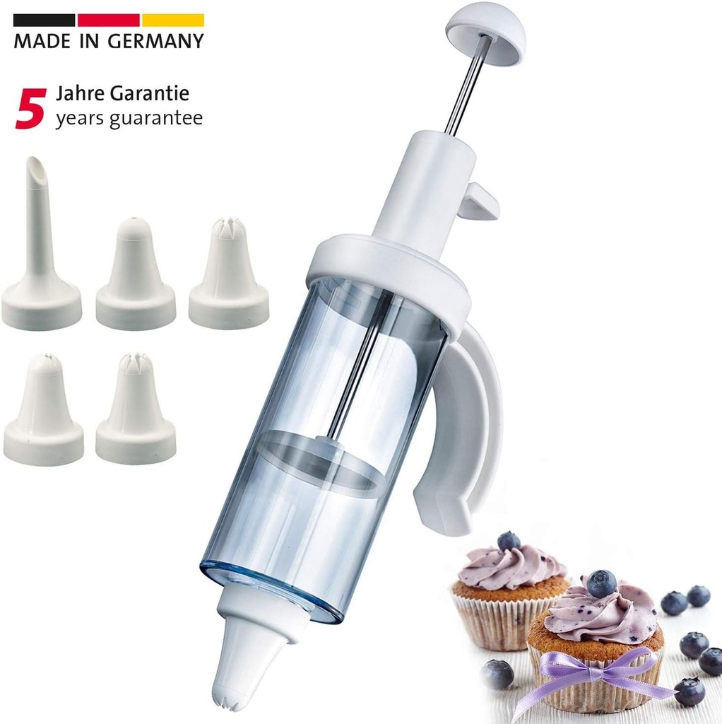 Seringa Westmark pentru decorarea gogosilor si a gogosilor, cu 5 duze, capacitate: 180 ml, plastic/otel inoxidabil, transparent/alb, 31162260