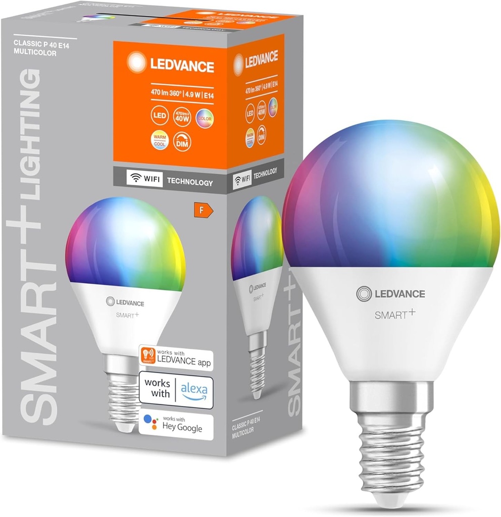 Bec mini LEDVANCE E14, bec Smart Home WiFi cu 4,9 W (470 lm) care inlocuieste becul incandescent de 40 W, reglabil, culoare lumina RGBW (2700-6500 K), controlabil cu Alexa, Google Assistant sau aplicatie, pachet de 1