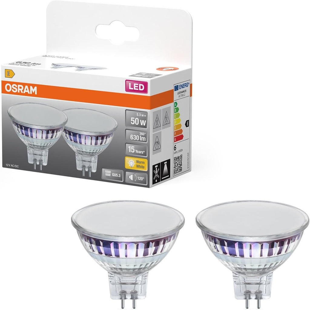 Spot LED Osram Star MR16 5.3W 827, alb cald 2700K, GU5.3, 120°, 630 lm, design integral din sticla, IP20