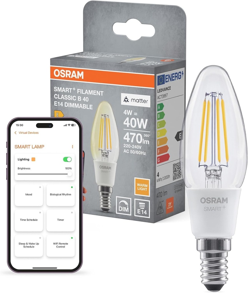 Bec LED Osram SMART+ B40, forma de lumanare E14, filament transparent, alb cald 2700 K, reglabil intensitate, compatibil cu Alexa, Google Home, Matter prin WiFi