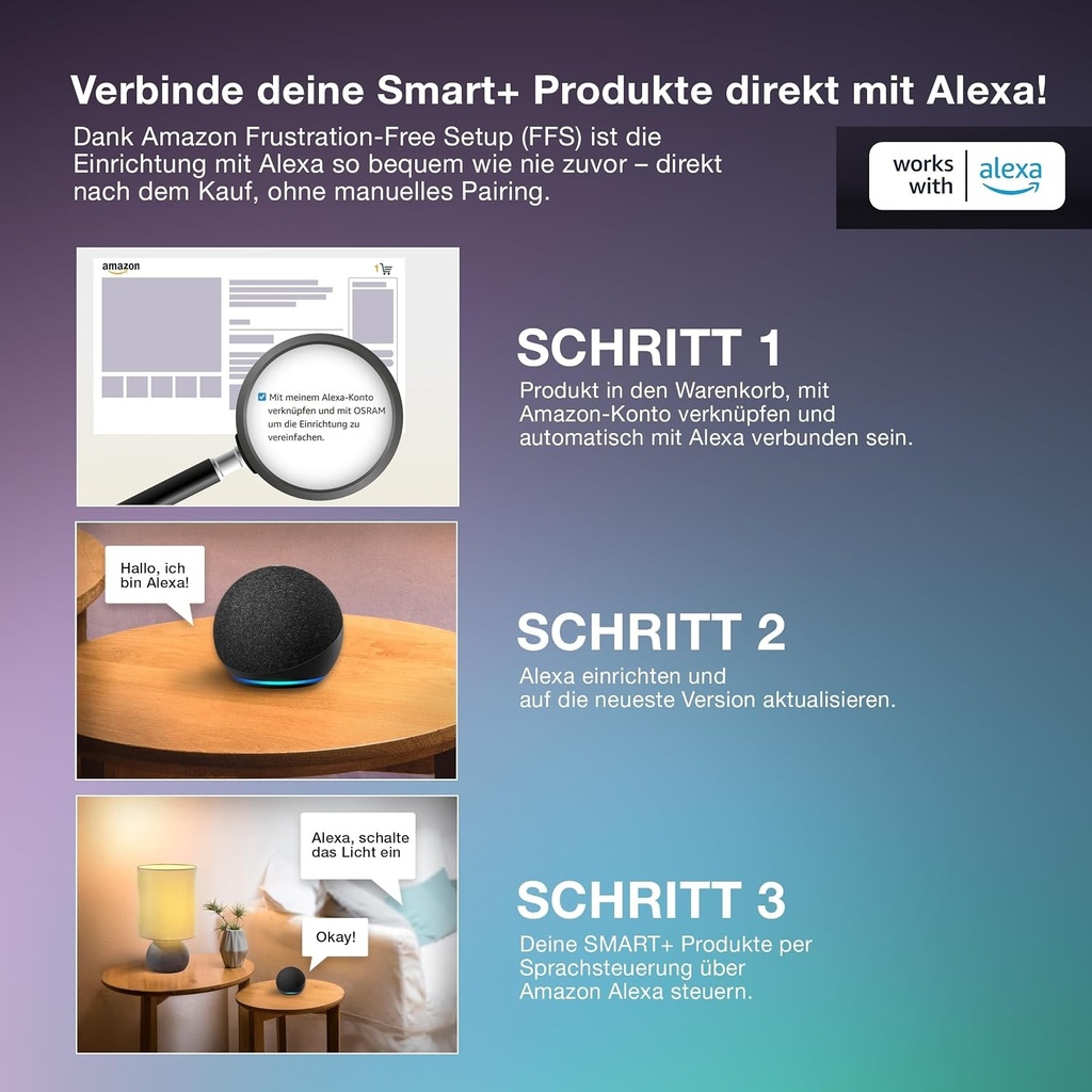 Bec LED OSRAM SMART+ RGBW, E27 cu Matter over Wifi, special conceput pentru ALEXA - configurare usoara cu un singur clic, echivalent 60W, alb cald pana la alb rece (2700-6500K), 16 milioane de culori RGB, pachet de 1