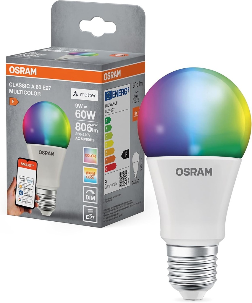 Bec LED OSRAM SMART+ RGBW, E27 cu Matter over Wifi, special conceput pentru ALEXA - configurare usoara cu un singur clic, echivalent 60W, alb cald pana la alb rece (2700-6500K), 16 milioane de culori RGB, pachet de 1