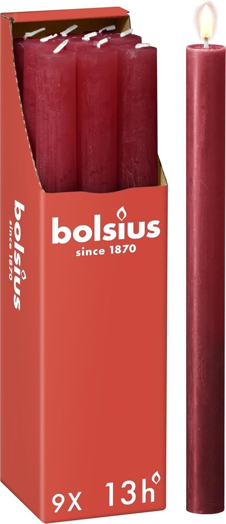 Bolsius - Lumanari rustice cu aroma de con - Rosii - 9 bucati - 27 x 2,3 cm - Timp de ardere 13 ore - Fara parfum - Contine ceara naturala din plante - Fara ulei de palmier