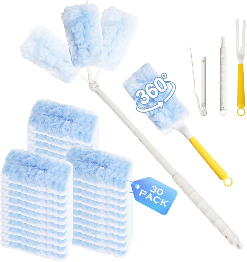 Set de 32 de bucati pentru reincarcator de praf Swiffer, pachet de reincarcator de praf Swiffer la 360°, lama de praf pentru tija telescopica Swiffer, adsorbtie puternica a parului de animale, prafului si alergenilor (albastru)