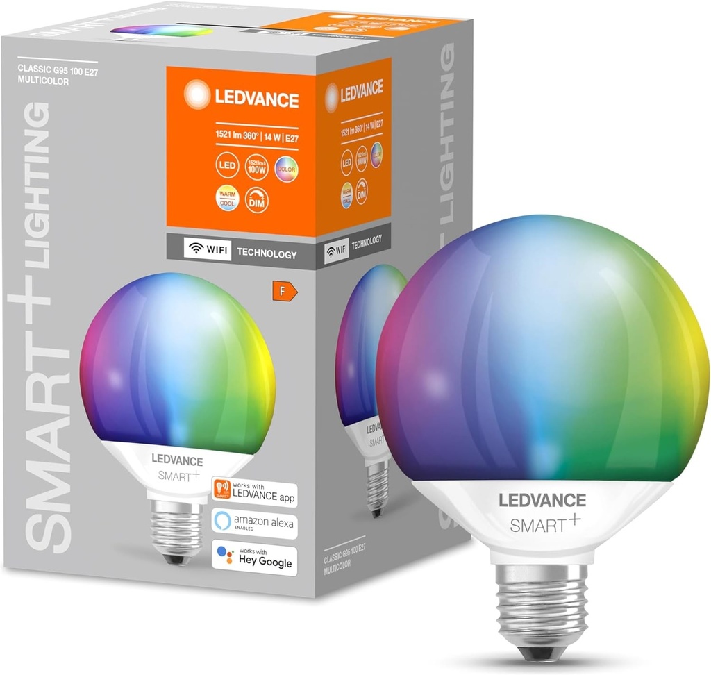 Lampa LED LEDVANCE E27 cu WiFi, forma globulara, 14W (1521 lumeni), inlocuieste becul incandescent de 100W, reglabil intensitate, culoare lumina RGBW (2700-6500K), compatibila cu Alexa, Google Assistant sau aplicatie, lampi vandute intr-un pachet de 1