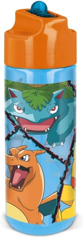 p:os 34248 Sticla de apa Pokémon pentru copii, sticla transparenta cu pai integrat, plastic, fara BPA si ftalati, 540 ml