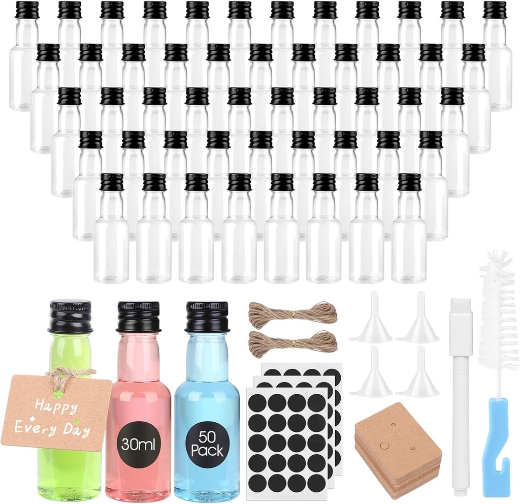 50 sticle mici pentru umplere, sticle mini de lichior de 25-30 ml, sticle de schnapps pentru umplere, sticle de schnapps cu capace, pix, etichete, palnie, pensula pentru nunti, petreceri, whisky