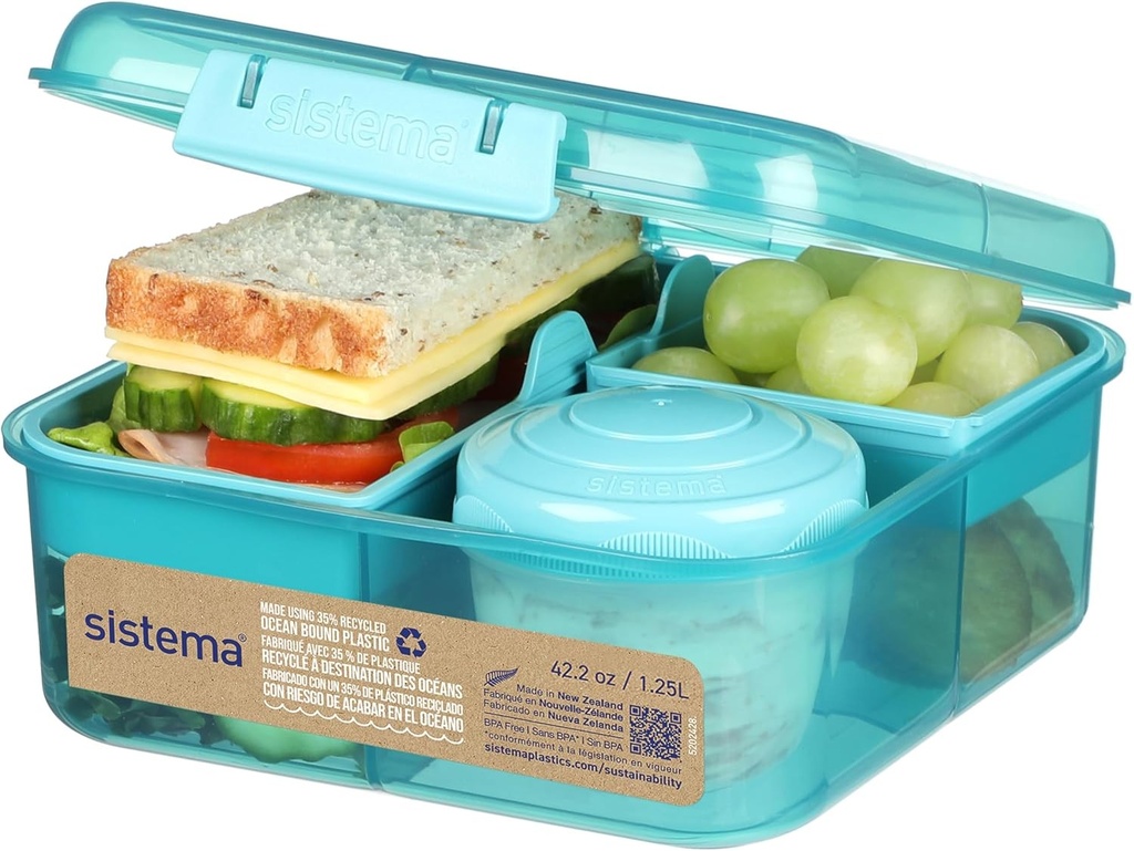 Cutie de pranz Sistema Bento Box Ocean Bound din plastic cu compartimente | Cutie de pranz de 1,25 L cu recipient pentru iaurt/fructe | Cutie de pranz pentru copii si adulti | Fabricata din plastic reciclat | Turcoaz