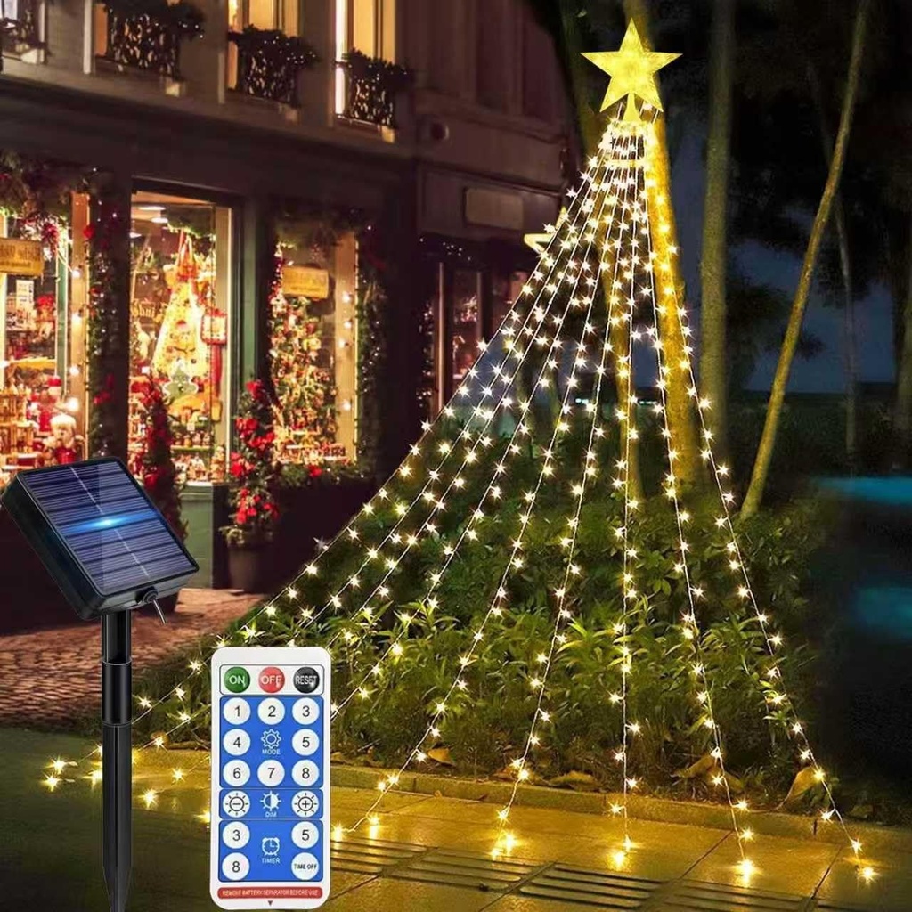 Lumini LED cu sir cascada, stele, lumini pentru brad de Craciun, cascada, sir solar pentru exterior, impermeabil, 2 m x 9 fire, 8 moduri, sir LED cu lumini solare pentru brad de Craciun, sir decorativ cu lumini solare