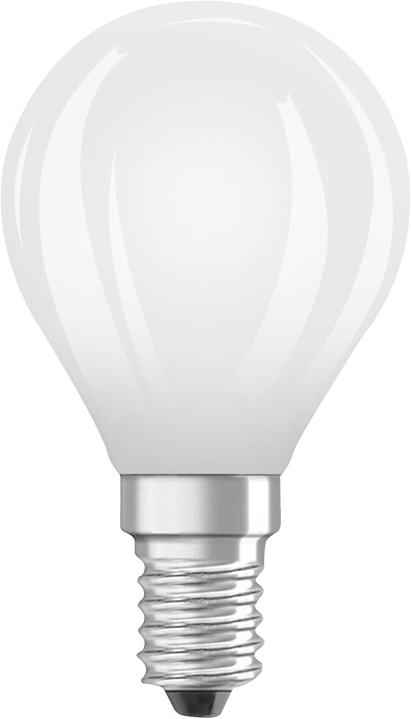 Lampa LED Osram Energy Class in forma clasica de mini-sfera, 3,8 W / 806 lm, clasa de eficienta energetica A, lumina alba calda (2700 K), CRI 80, fabricata din sticla mata fara plumb, soclu E14, IP20, diametru 45 mm.
