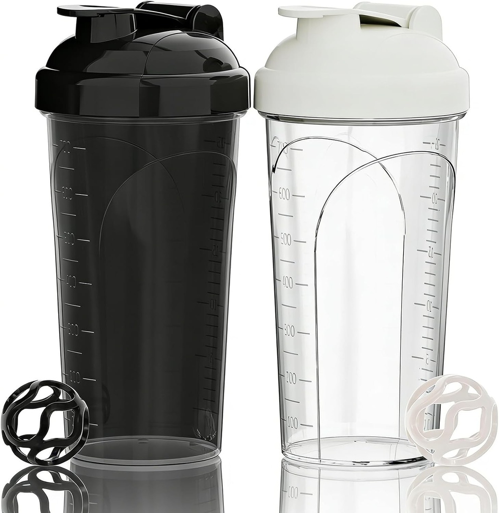 PZMLOASN Sticle Shaker Proteice 700ml, Pachet de 2 - Capac cu filet etans - Fara BPA, Fabricate din material sigur pentru biberoane, pentru barbati si femei (Negru+Alb)