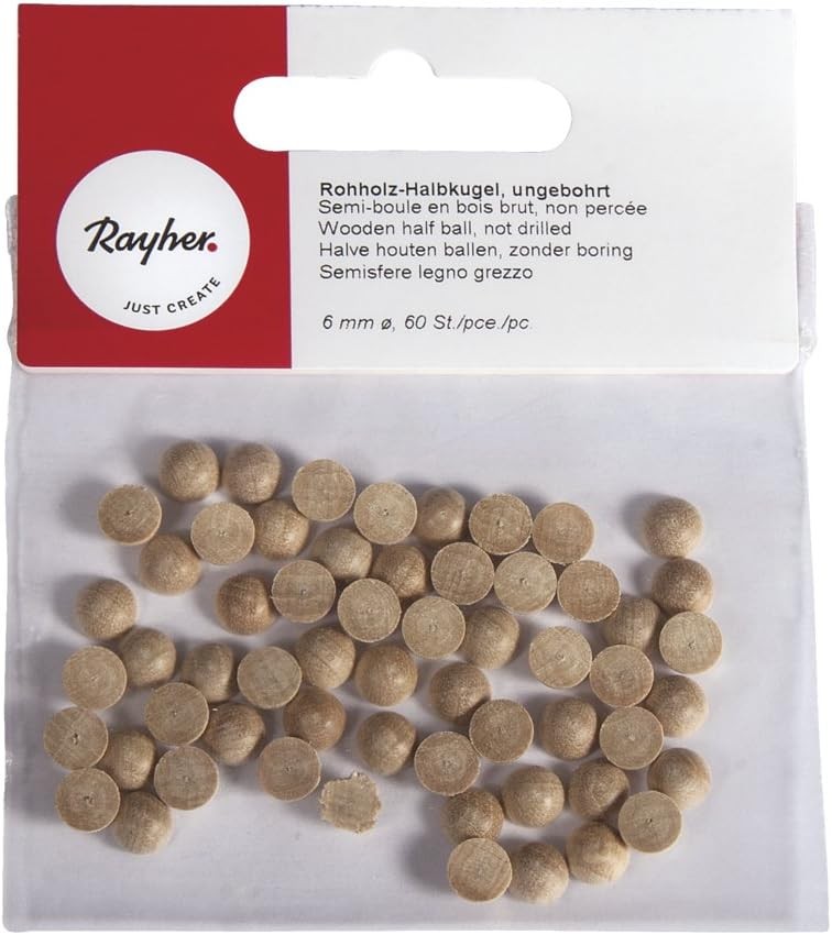 Semisfera din lemn brut Rayher 6248000, negaurita, SB-Btl. 60 bucati, 6 mm ø