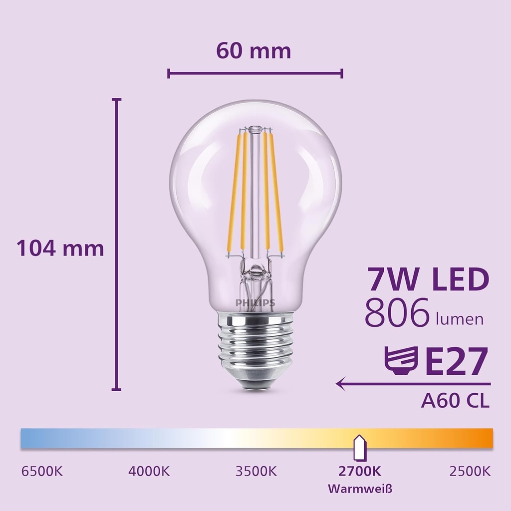 Bec LED Philips Classic A60, 60 wati, transparent, soclu E27, lumina alba calda 2700 K, pachet de 3
