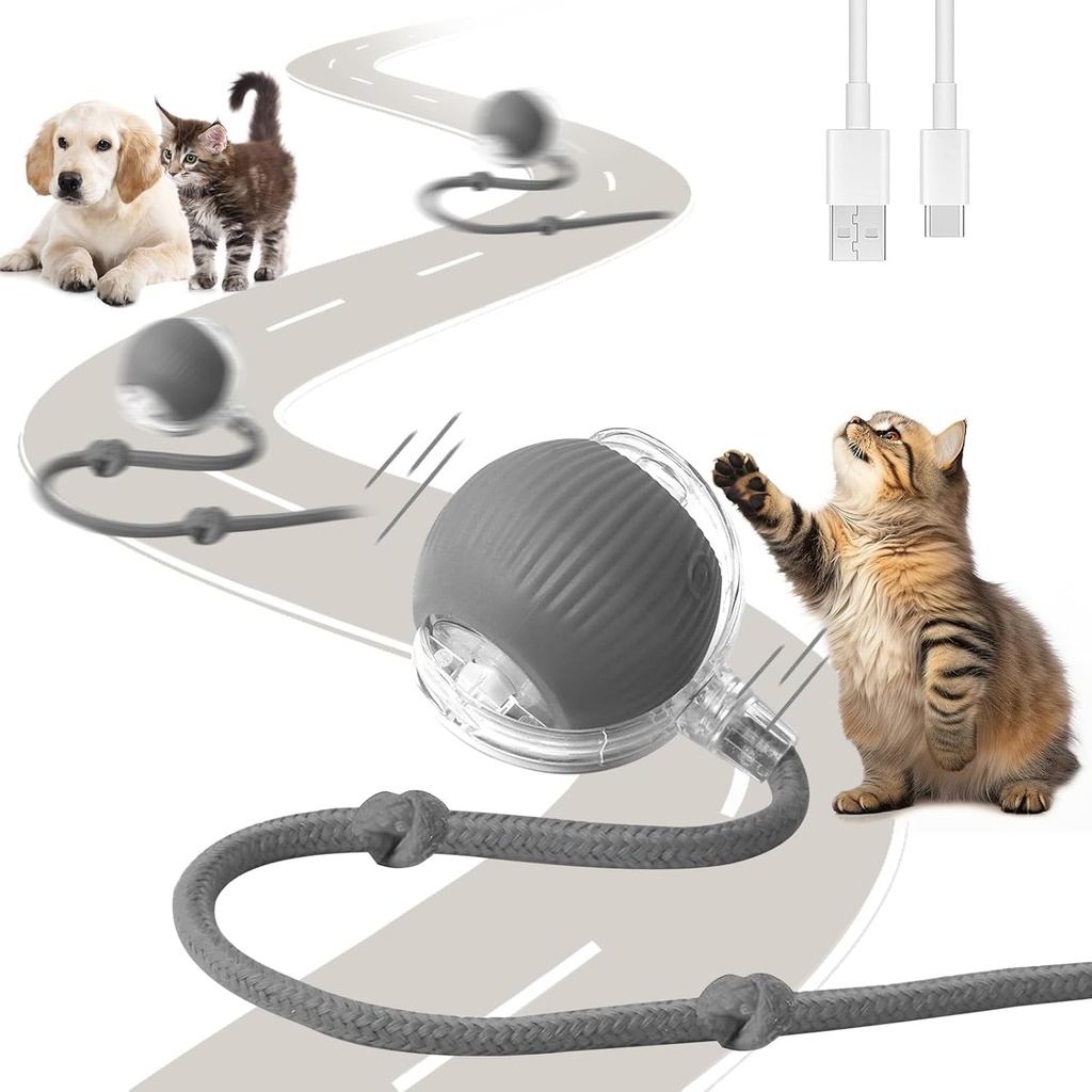 Afaneep Jucarie interactiva pentru pisici Minge auto-rulanta Minge electrica cu incarcare USB Minge magica Caine Rotire automata 3 moduri de functionare Minge interactiva cu coada pentru pisici si caini