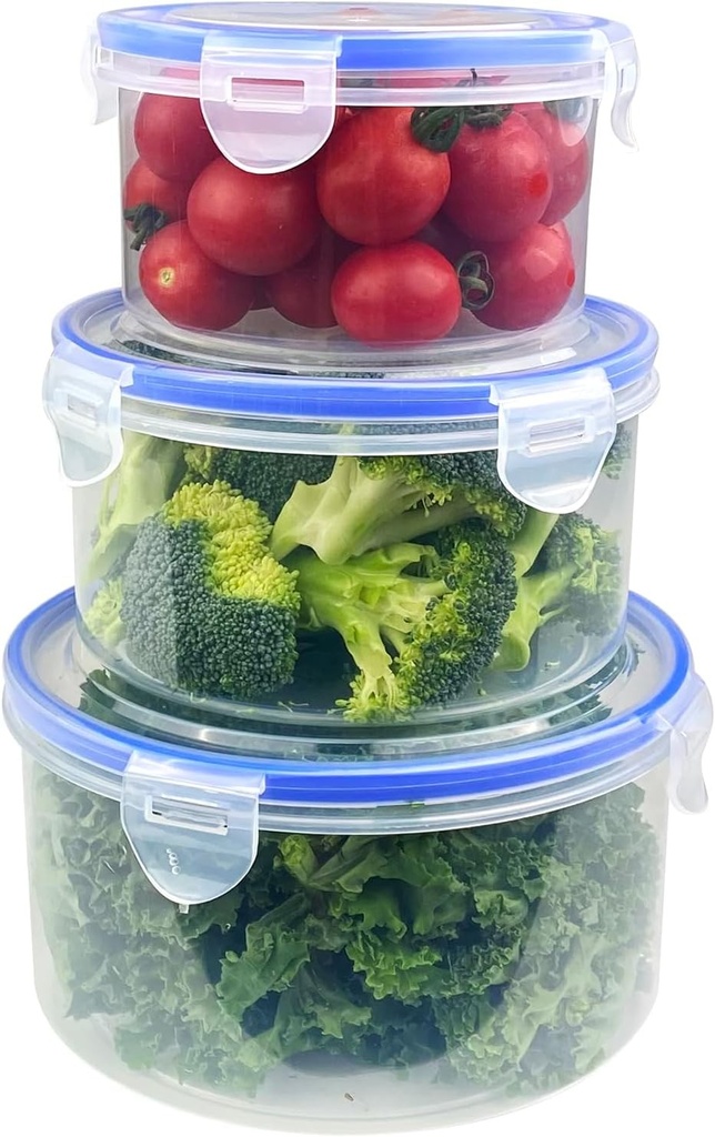 Gratuipolmep Recipiente pentru depozitarea alimentelor cu capac, 3 piese, cutii rotunde pentru depozitare, set de recipiente pentru alimente, etanse, pentru masina de spalat vase, congelator, sigure pentru cuptorul cu microunde, transparente, fara BPA, plastic
