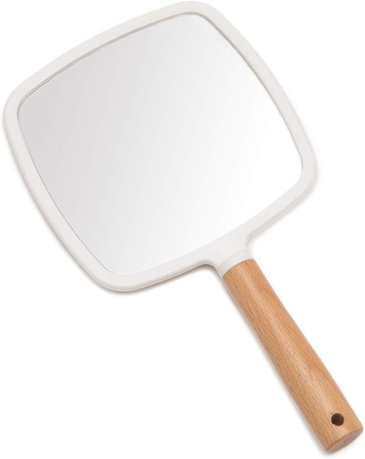 YEAKE Oglinda de machiaj portabila cu maner, oglinda de ras mica si draguta din lemn cu orificiu, oglinda cosmetica de calatorie cu o singura fata, portabila pentru barbati si femei (patrata)