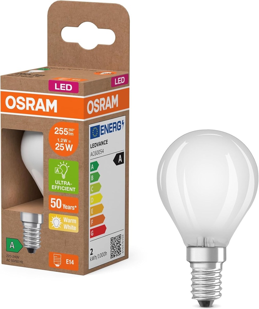 Bec LED Osram in forma clasica de mini-sfera, cu filament LED decorativ cu design mat, clasa de eficienta energetica A, E14, 1,2 W, 255 lm, 2700 K, alb cald. Lumina instantanee 100% fara incalzire.