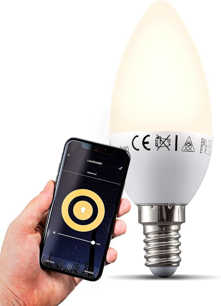 Bec inteligent LED B.K.Licht E14, 5.5W, 470Lm, alb cald 2700K, reglabil intensitatea luminii, control vocal prin aplicatie, iOS si Android, control de pe smartphone prin WiFi