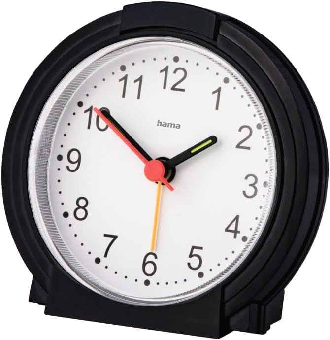 Ceas desteptator analogic Hama fara ticait (ceas cu baterii cu functie de alarma, ceas desteptator cu lumina, ace fluorescente pentru ore si minute, ora de alarma reglabila, 12,5 x 6,5 x 17 cm) negru