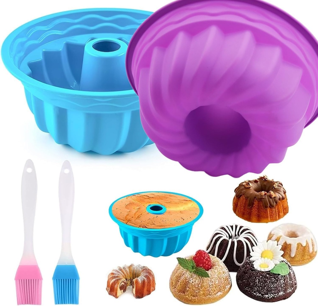 STOUCLA Tava din silicon pentru tort Bundt, Tava de copt din silicon, Tava pentru tort Bundt, Tava de copt pentru tort Bundt, Tava pentru tort, Tava din silicon de inalta calitate pentru torturi si paine, 2 bucati, Mov, Albastru, Ø 16,5 cm