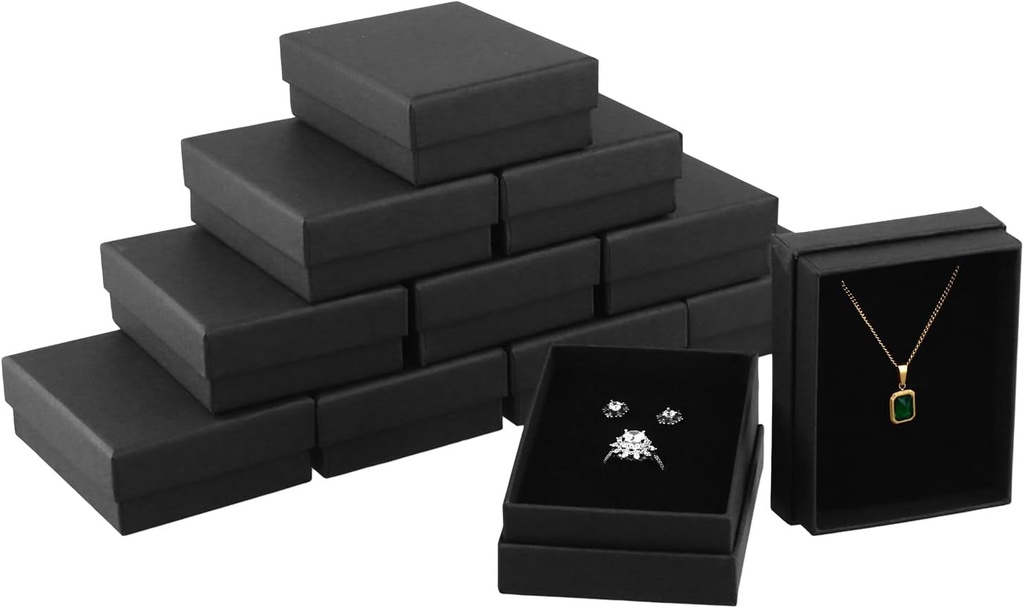 Cutie cadou eleganta QWORK® pentru bijuterii din kraft negru, cu 12 piese, ideala pentru cercei si inele, perfecta pentru zile de nastere, nunti, cadouri de Craciun, 9 x 7 x 3 cm