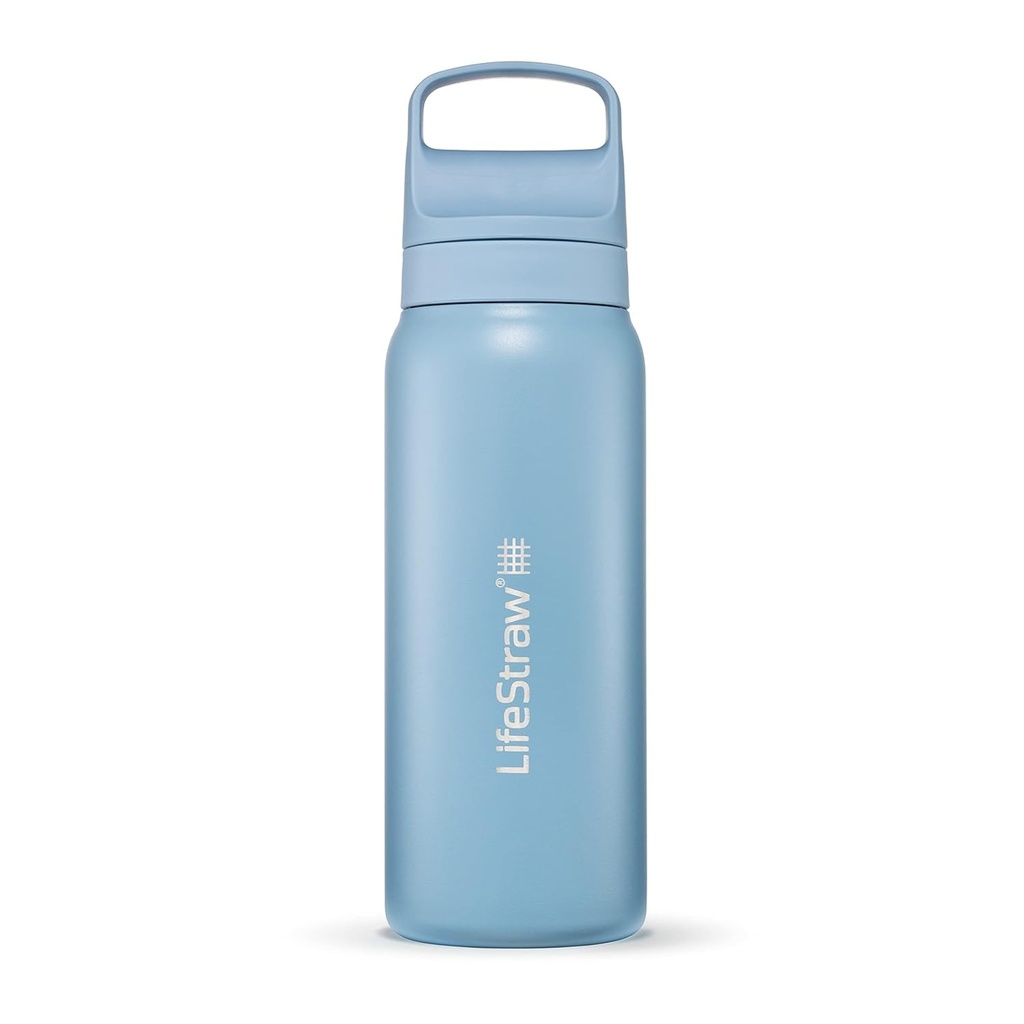 Seria LifeStraw Go — sticla de apa cu filtru din otel inoxidabil de 700 ml pentru calatorii si utilizare zilnica. Indeparteaza bacteriile, parazitii si microplasticele, imbunatateste gustul, Icelandic Blue
