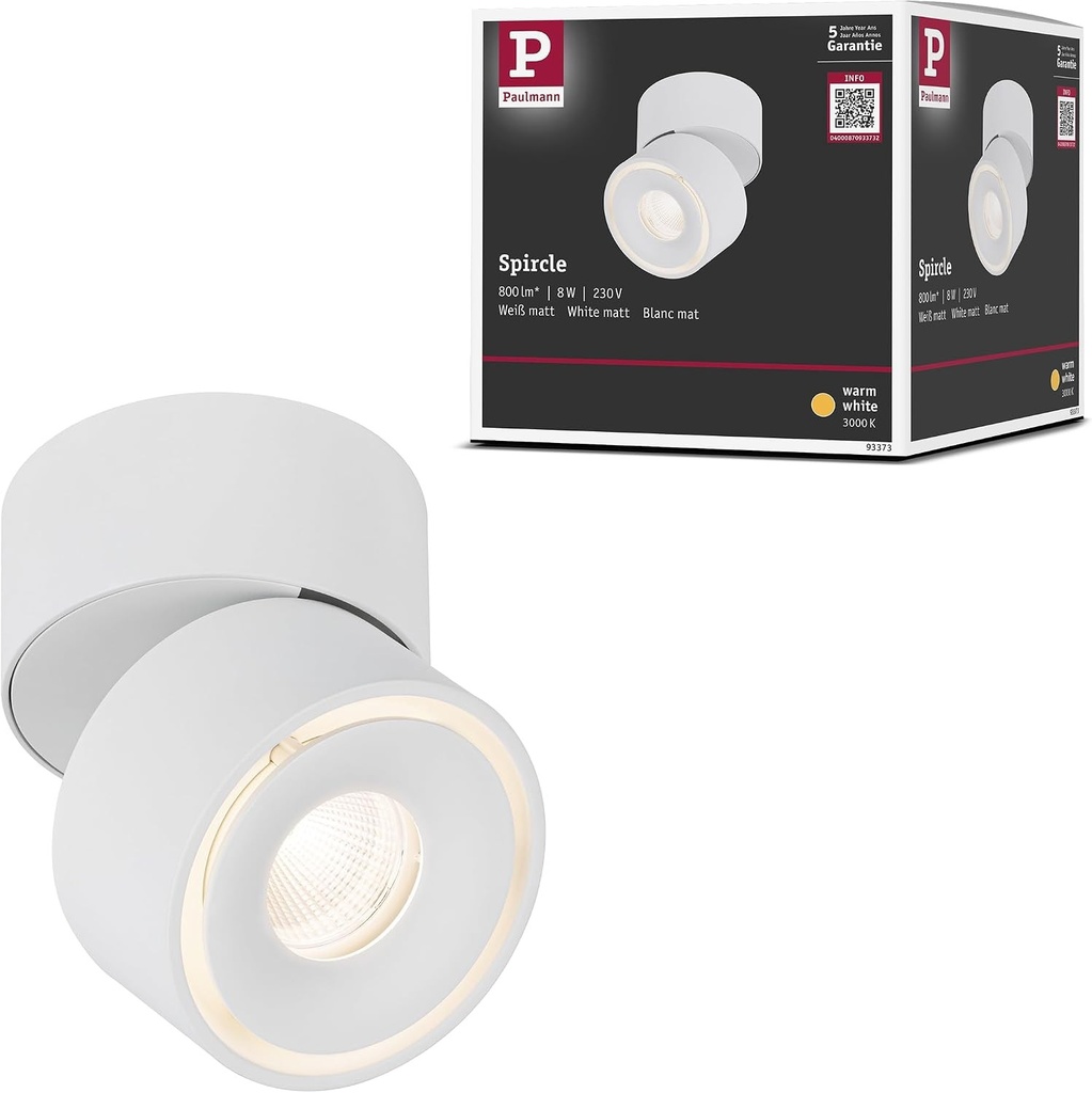 Lampa de tavan incastrata Paulmann 93373 cu LED Spircle 78 mm, incl. 1x8,0 W, alb cald, alb mat, montata pe suprafata, lampa de tavan din aluminiu, 3000 K