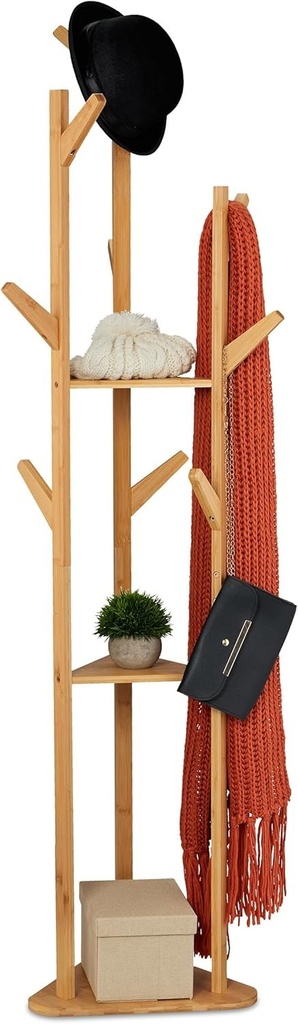 Cuier triunghiular Relaxdays, independent, cu 9 carlige, bambus, 2 rafturi, suport pentru jachete, 168,5 x 47 x 47 cm, natural