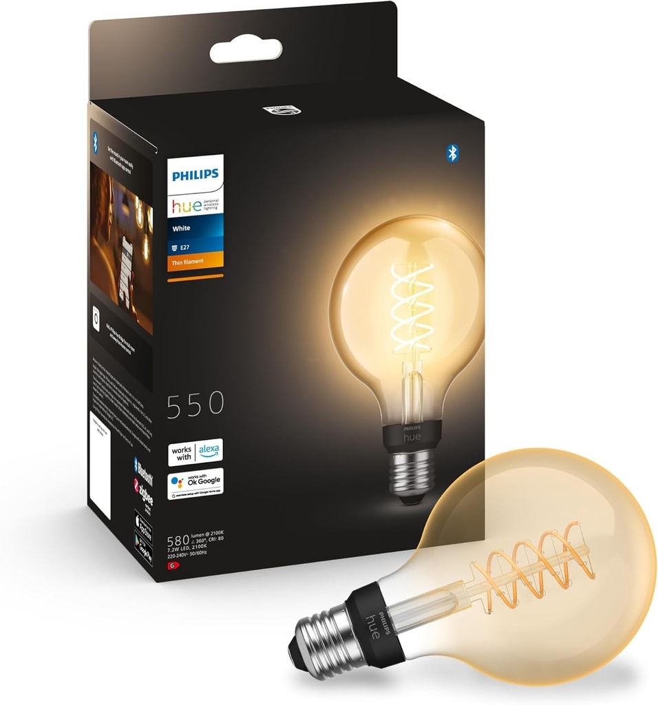 Bec cu filament Edison Philips Hue G93 - Pachet de 1 - E27 - Iluminat LED sustenabil - Lampa inteligenta - Lumina alba calda - Reglabila - Conectare prin Bluetooth sau Hue Bridge - Functioneaza cu Alexa si Google Home