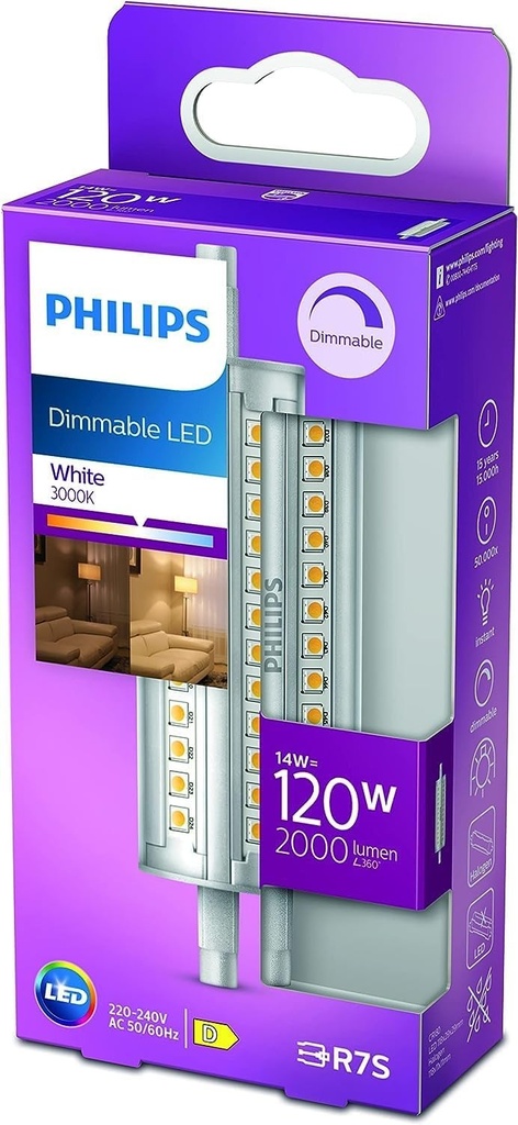 Bec LED creion Philips R7S, 120 W, alb neutru, reglabil, sticla