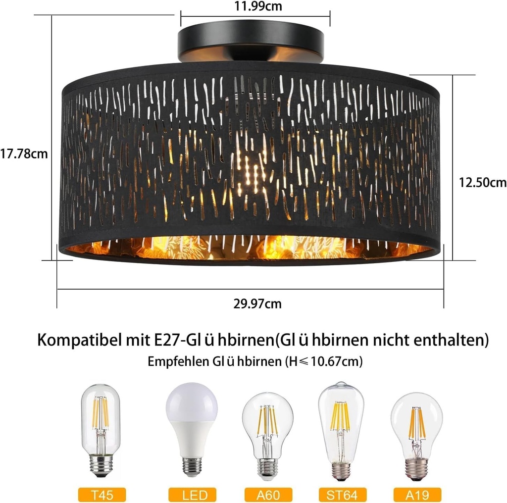 FRIDEKO HOME Lampa de tavan neagra cu model ajurat, rotunda, Ø30cm, E27, cu abajur si lumina pentru dormitor, living, bucatarie, hol