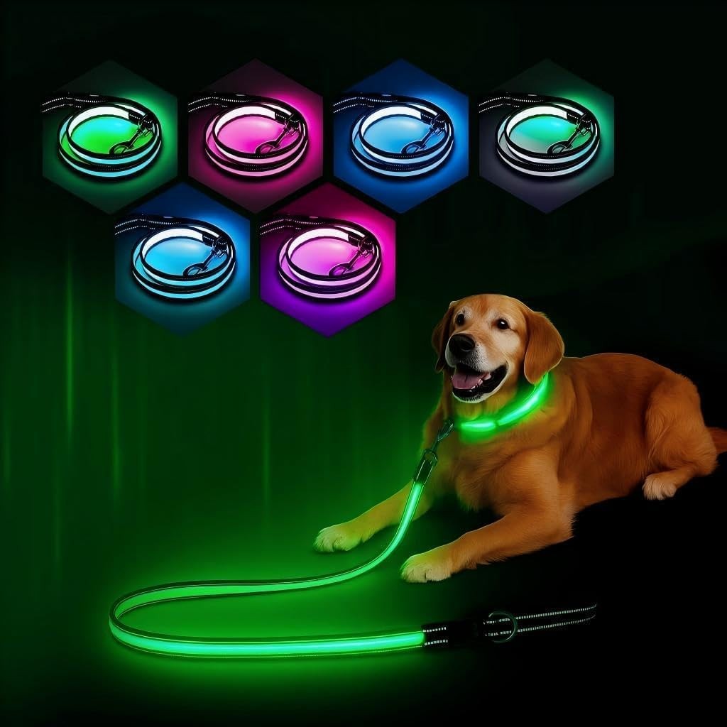 Lesa pentru caini PZRLit cu LED-uri multicolore de 1,2 m – luminoasa si reflectorizanta, 7 moduri de iluminare in intuneric, reincarcabila prin USB-C cu doua fete si indicator de baterie, impermeabila, pentru caini mici, medii si mari, siguranta nocturna