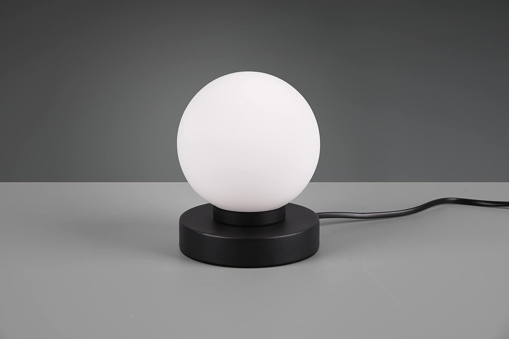 Lampa de masa Reality Leuchten Prinz II R54011032, metal negru mat, sticla alba, excluzand 1x bec E14, control tactil pornit/oprit