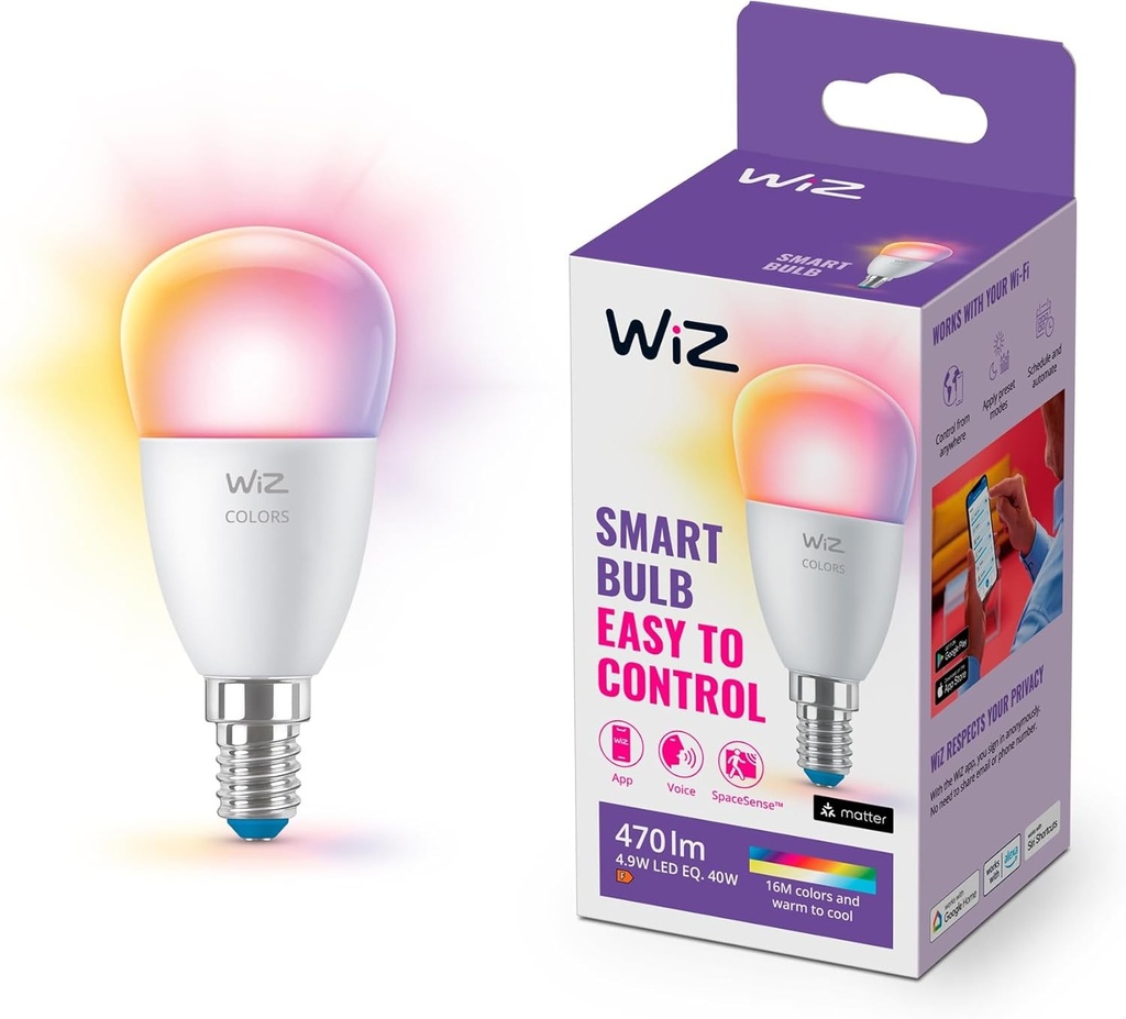 Lampa LED WiZ Tunable White and Color E14 (470 lm), lampa de 40 W cu 16 milioane de culori sau lumina reglabila de la alb cald la alb rece, control inteligent al luminii prin Wi-Fi folosind voce/aplicatie